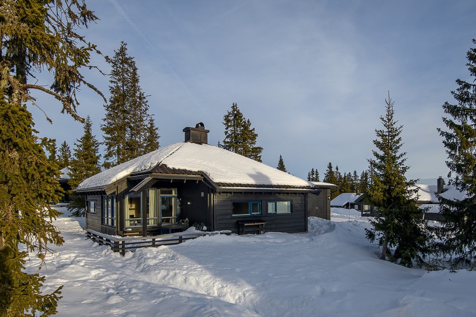 Hytta ligger fint plassert i området og du sitter relativt usjenert på terrassen. Forholdvis flatt og lunt terreng. Galleribilde