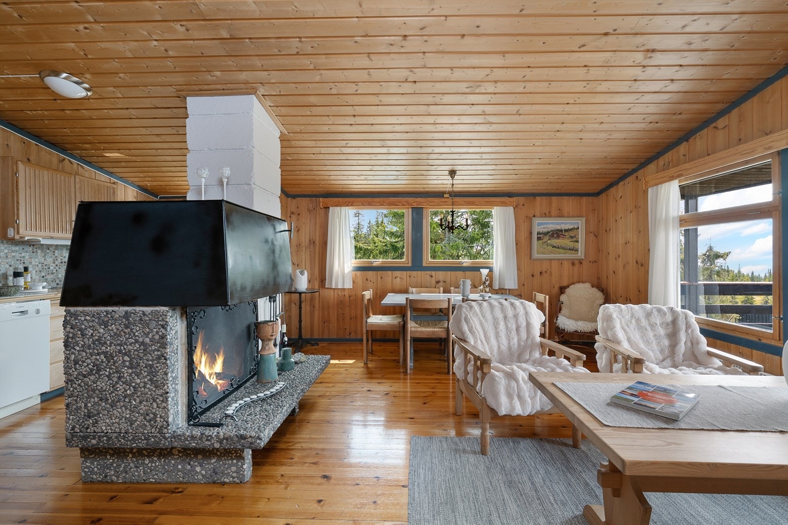 En åpen peis er plassert sentralt i rommet. I tillegg varmes hytta opp med elektrisk fyring og en vedovn plassert på kjøkkenet. Galleribilde