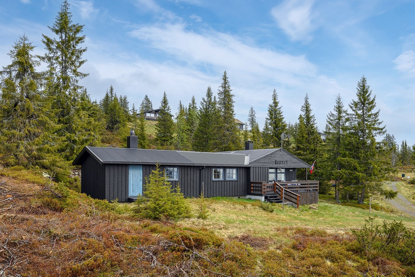 Lett skrånende og kupert terreng rundt hytta. Barnevennlig med relativt liten trafikk forbi. Galleribilde