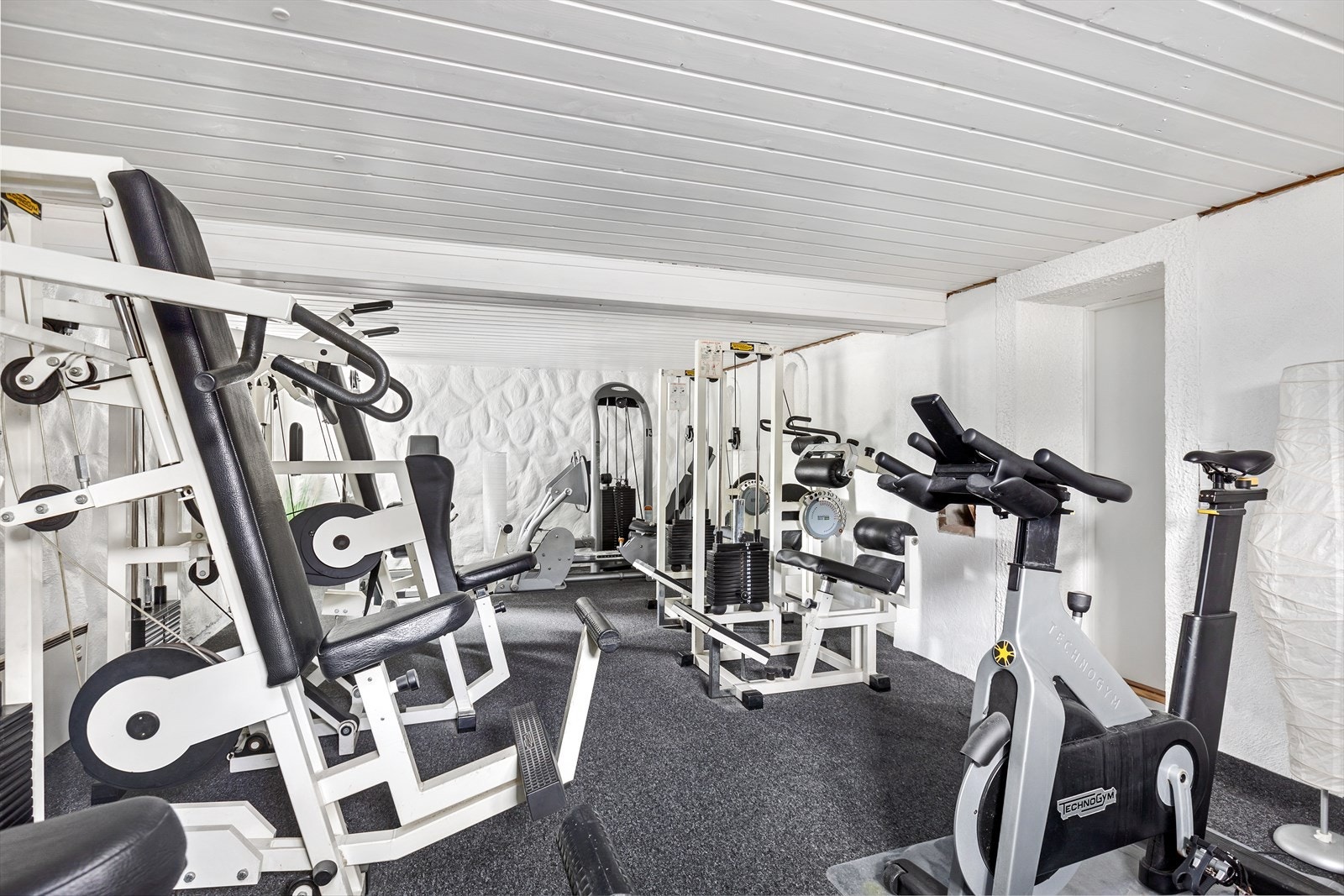 Romslig treningsrom/bod med beskyttende teppe på gulvet Galleribilde