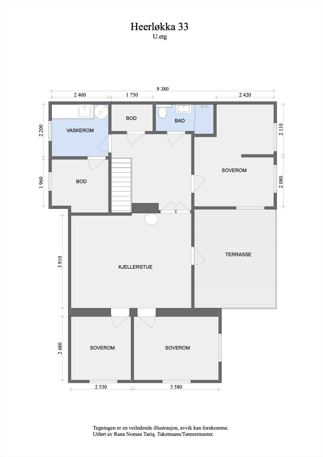 Underetasjen inneholder kjellerstue, tre soverom, bad, vaskerom og to boder. Galleribilde