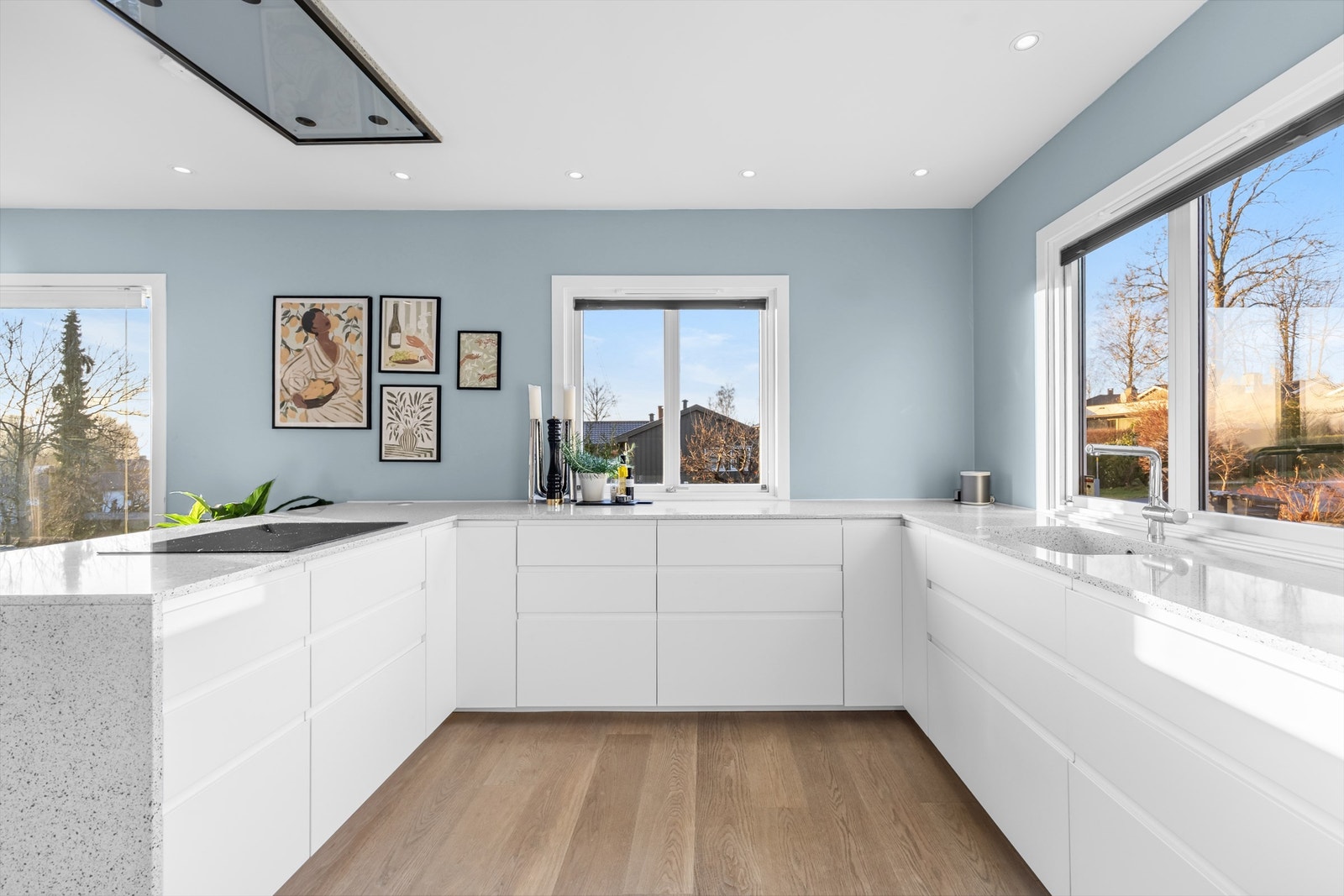 Store vindusflater gir godt med naturlig lys inn på kjøkkenet. Galleribilde