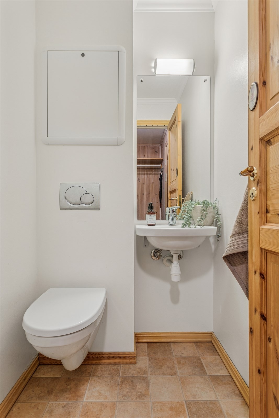 Separat wc-rom med vegghengt toalett og enkel servant på vegg. Galleribilde