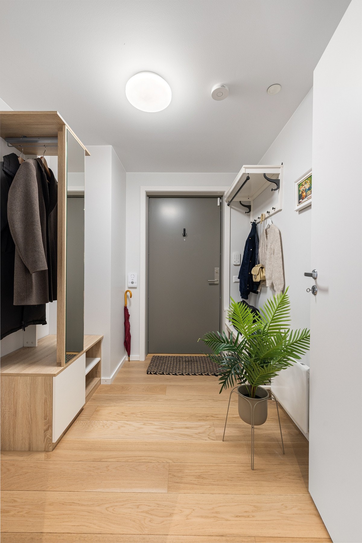 Entreen gir et stilrent førsteinntrykk med glatte vegger, listefri himling og lys parkett Galleribilde