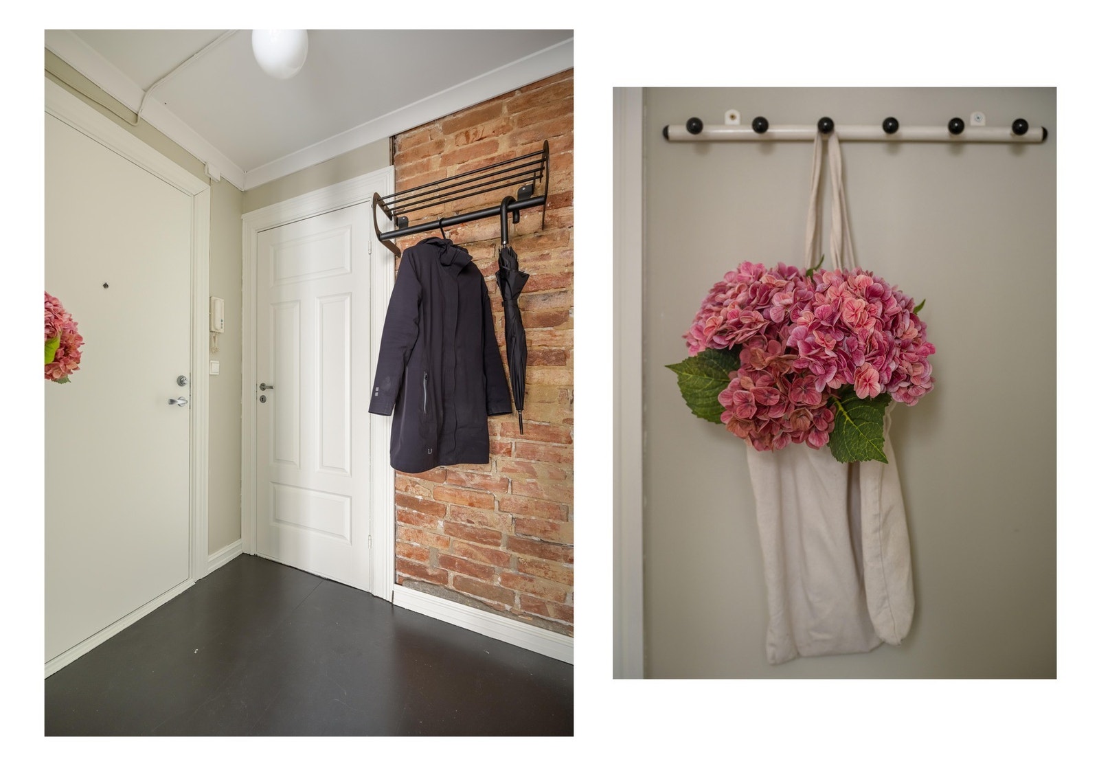 Gangen gir et godt førsteinntrykk når du kommer inn. Det er plass til å henge opp jakker og sette fra seg sko. Den eksponerte teglsgteinsveggen gir en lun følelse. Galleribilde