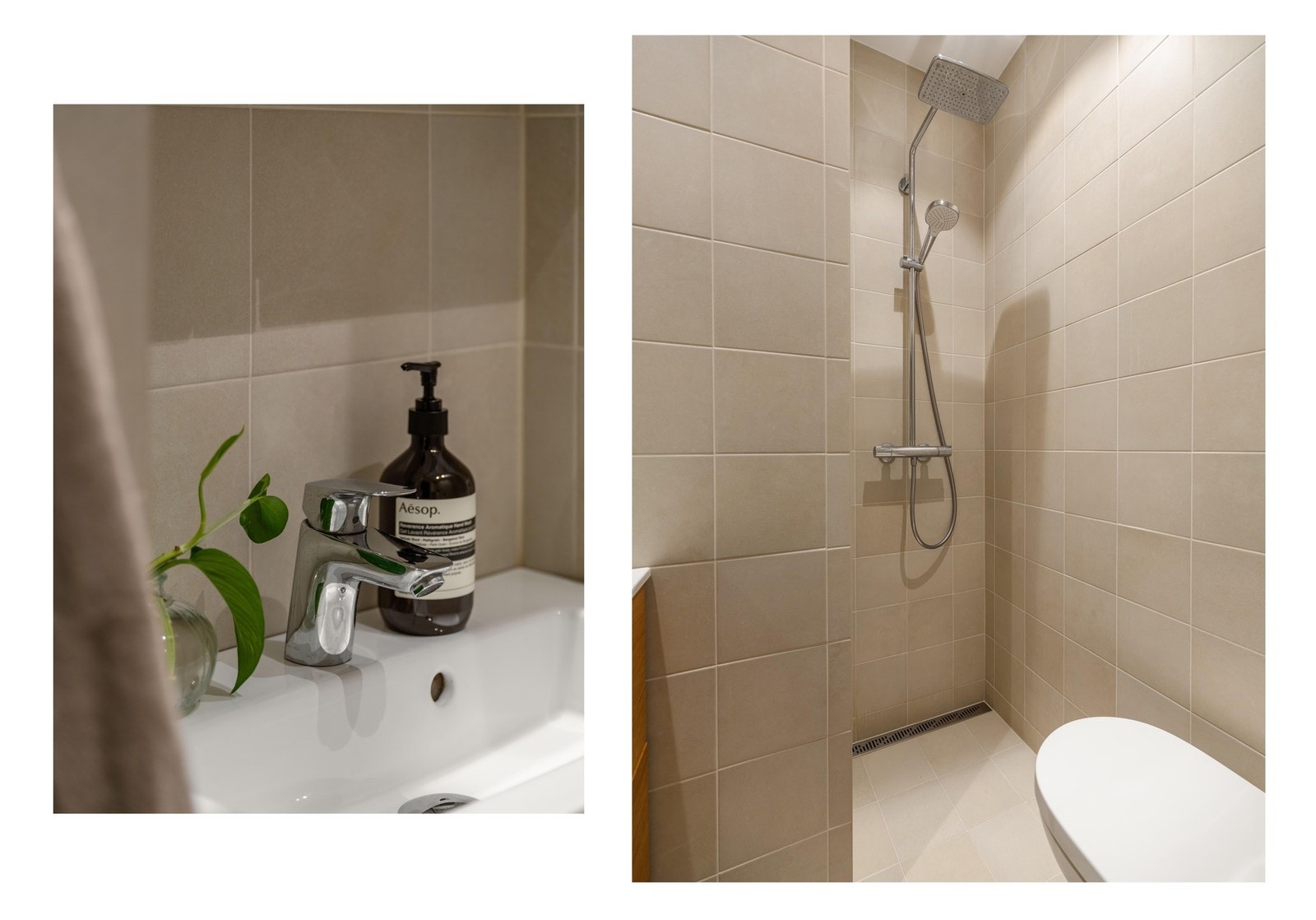 Her er det egen dusjsone med regnfallsdusj, toalett, servantskap med skuffer og speilskap på vegg. Galleribilde