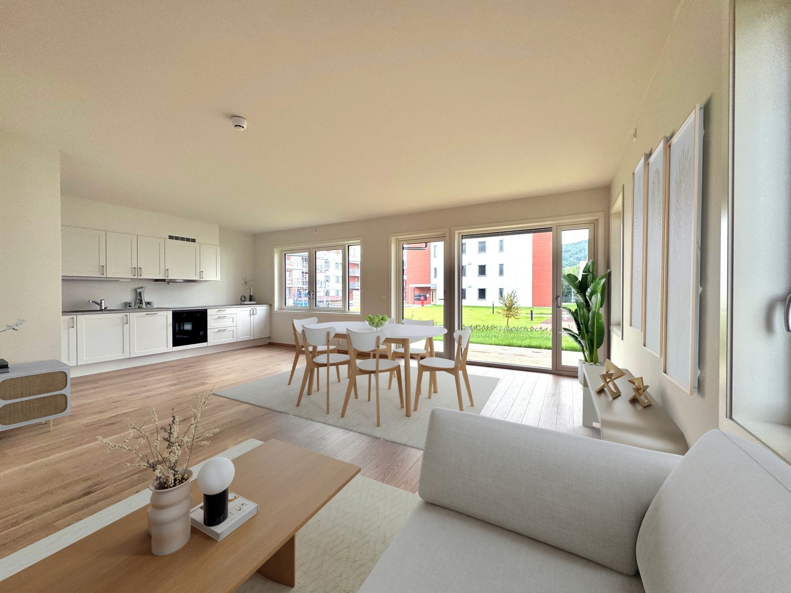 Stor (ca. 40 kvm) stue med god plass til spisestue og tv-krok | moderne åpen kjøkkenløsning Galleribilde