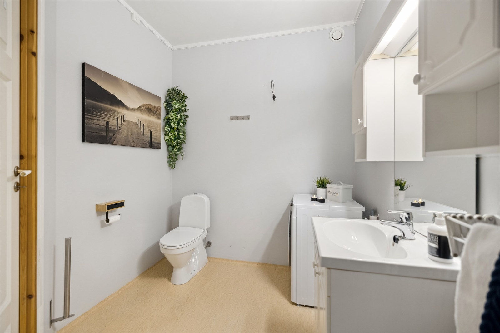 Det er opplegg for vaskemaskin og montert mekanisk avtrekk. Galleribilde