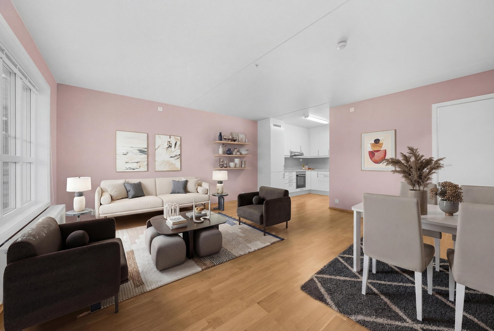 Gjennomgående parkettgulv og listefrie overganger i himling gir et moderne uttrykk. (digitalt stylet) Galleribilde