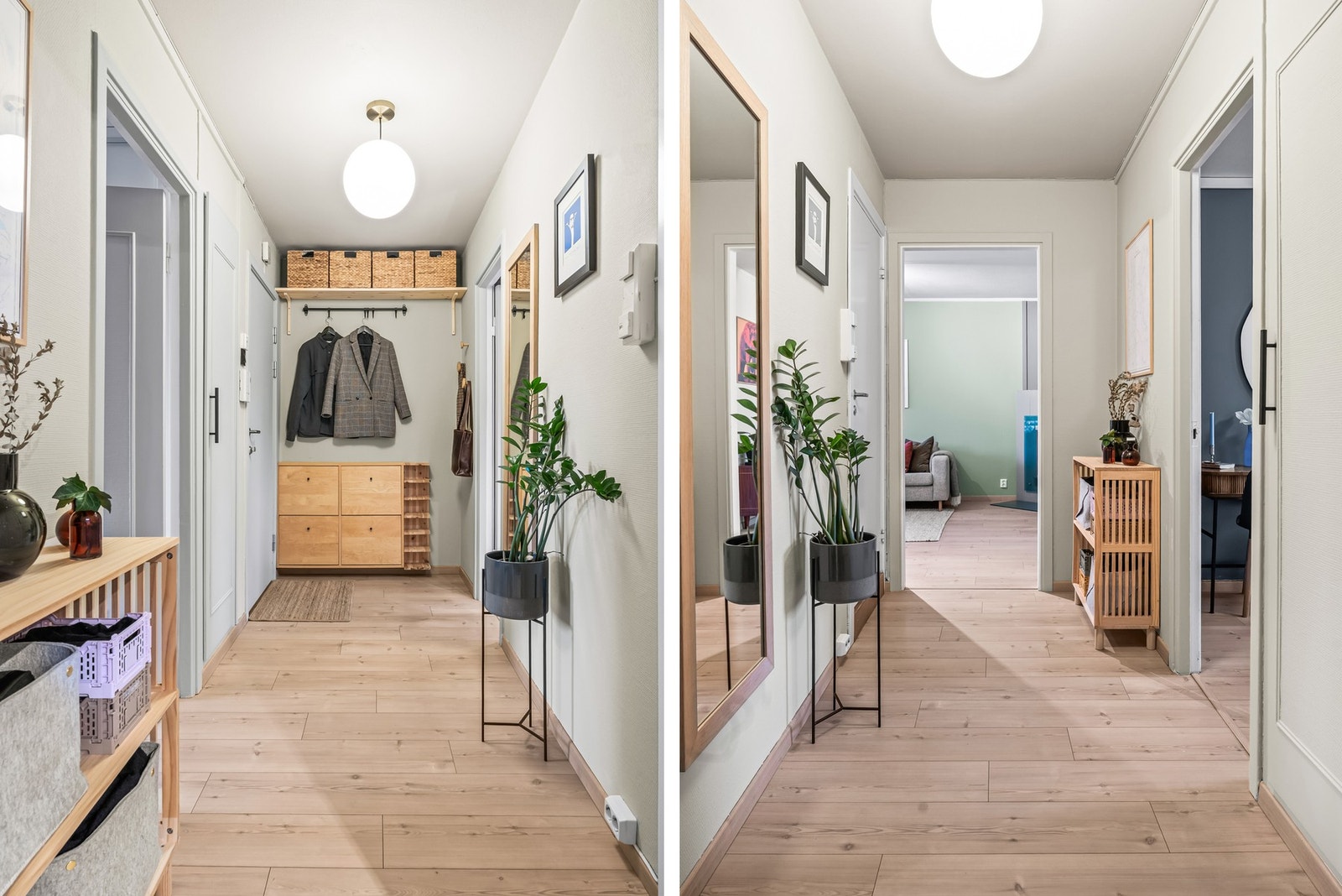 Stor gang med plass til garderobeløsninger. Ved ytterdøren har gangen klesoppheng og et innebygd skap for yttertøyet. Galleribilde