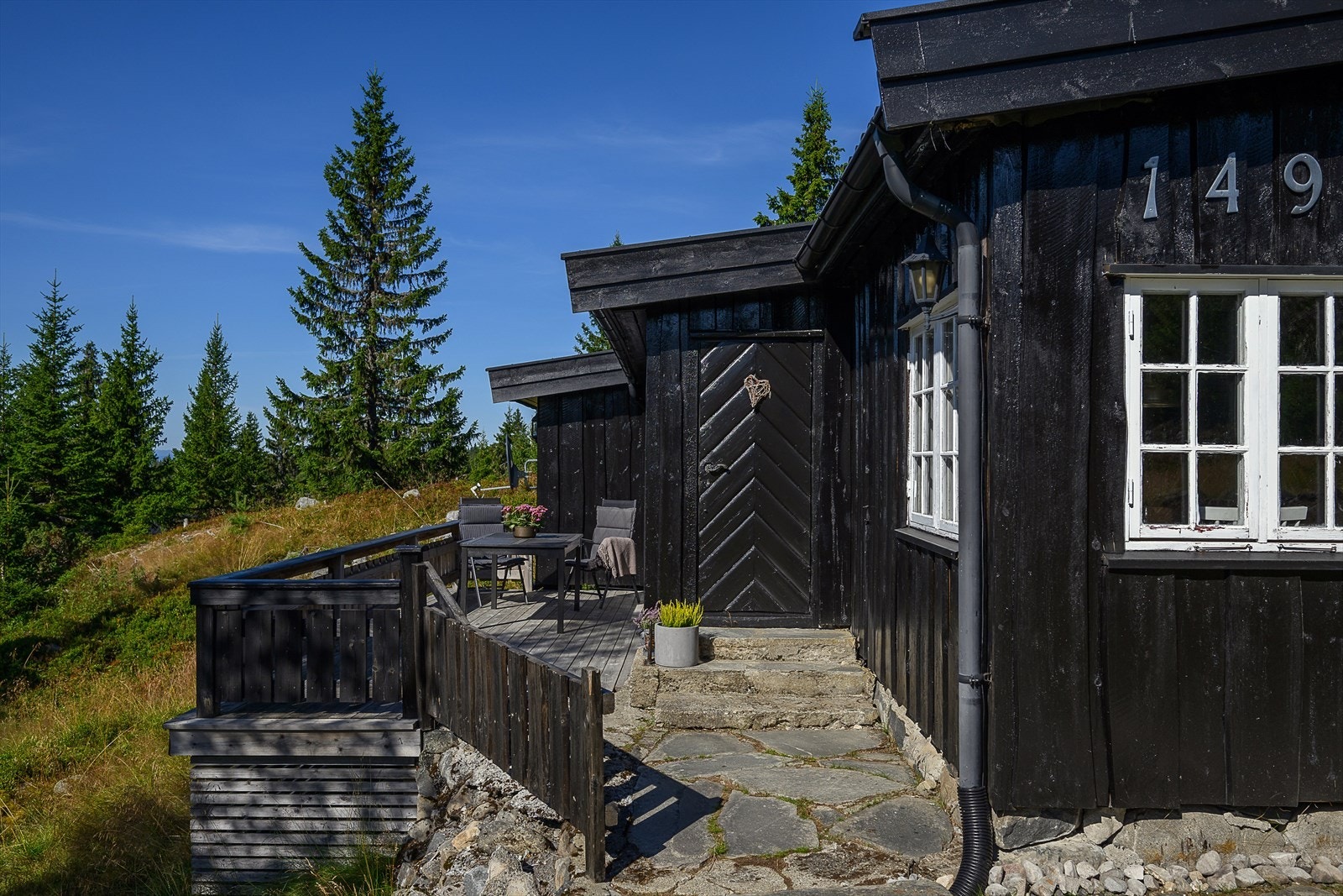 Stor solrik uteplass i forbindelse med inngangspartiet. Galleribilde