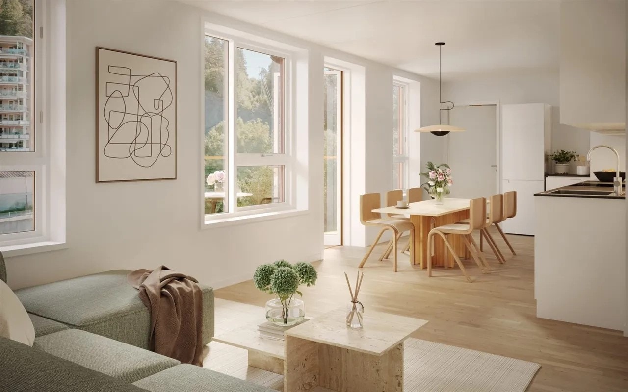 Stue m/plass til sittegruppe og spisestuebord. Galleribilde