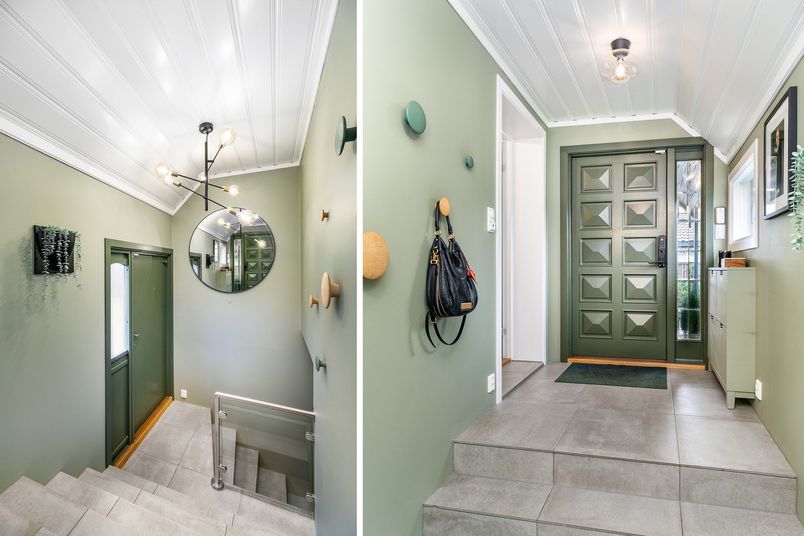 Entré i to høyder; hovedinngang øverst, bi-inngang vis á vis kjellertrappen. Galleribilde