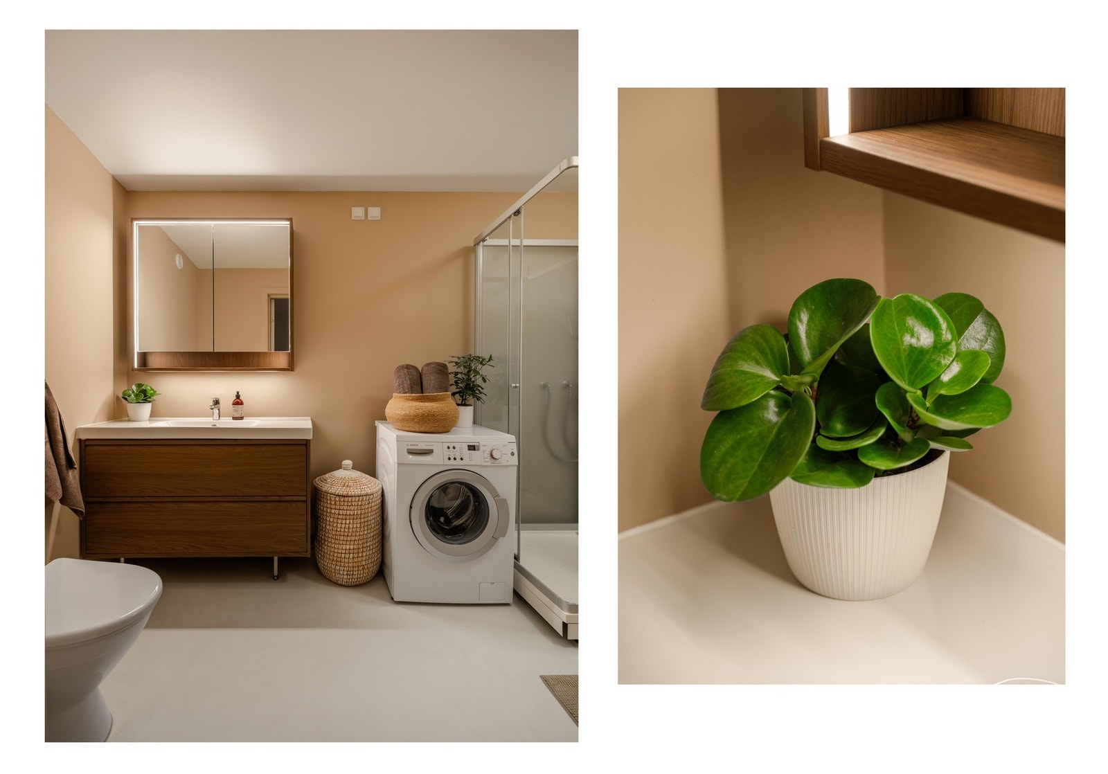 Det er lagt mikrosement på gulv og våtromssparkel på vegger høsten 2025 i delikate farger, og ny flott innredning som gir godt med lagring. Galleribilde