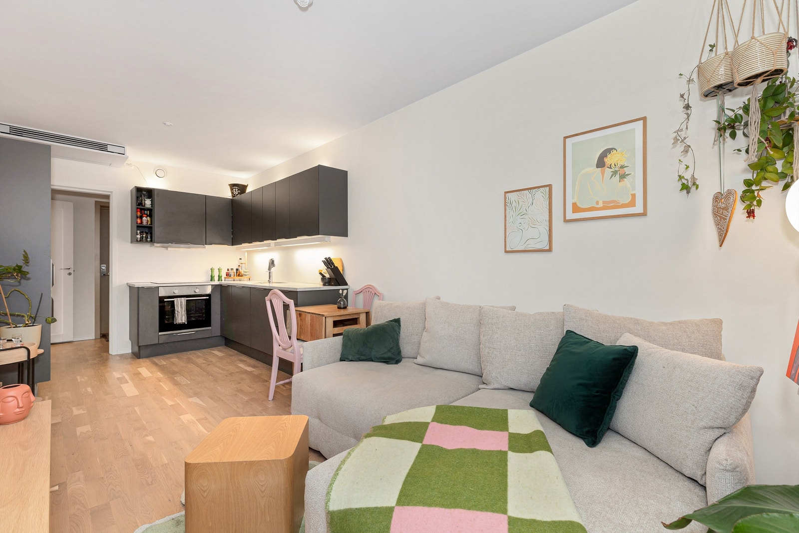 Oversiktsbilde av stue og kjøkken Galleribilde