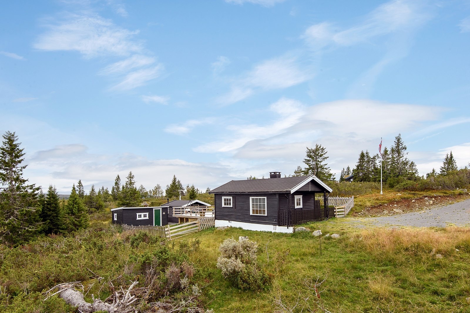 Det er biloppstillingsplasser rett ved hytteveggen. Galleribilde