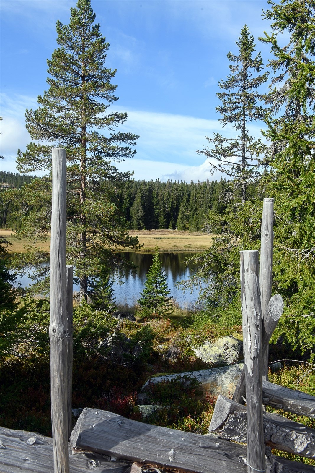 Et glimt av Landetjernet over gjerdet som rammer inn hytteområdet. Galleribilde