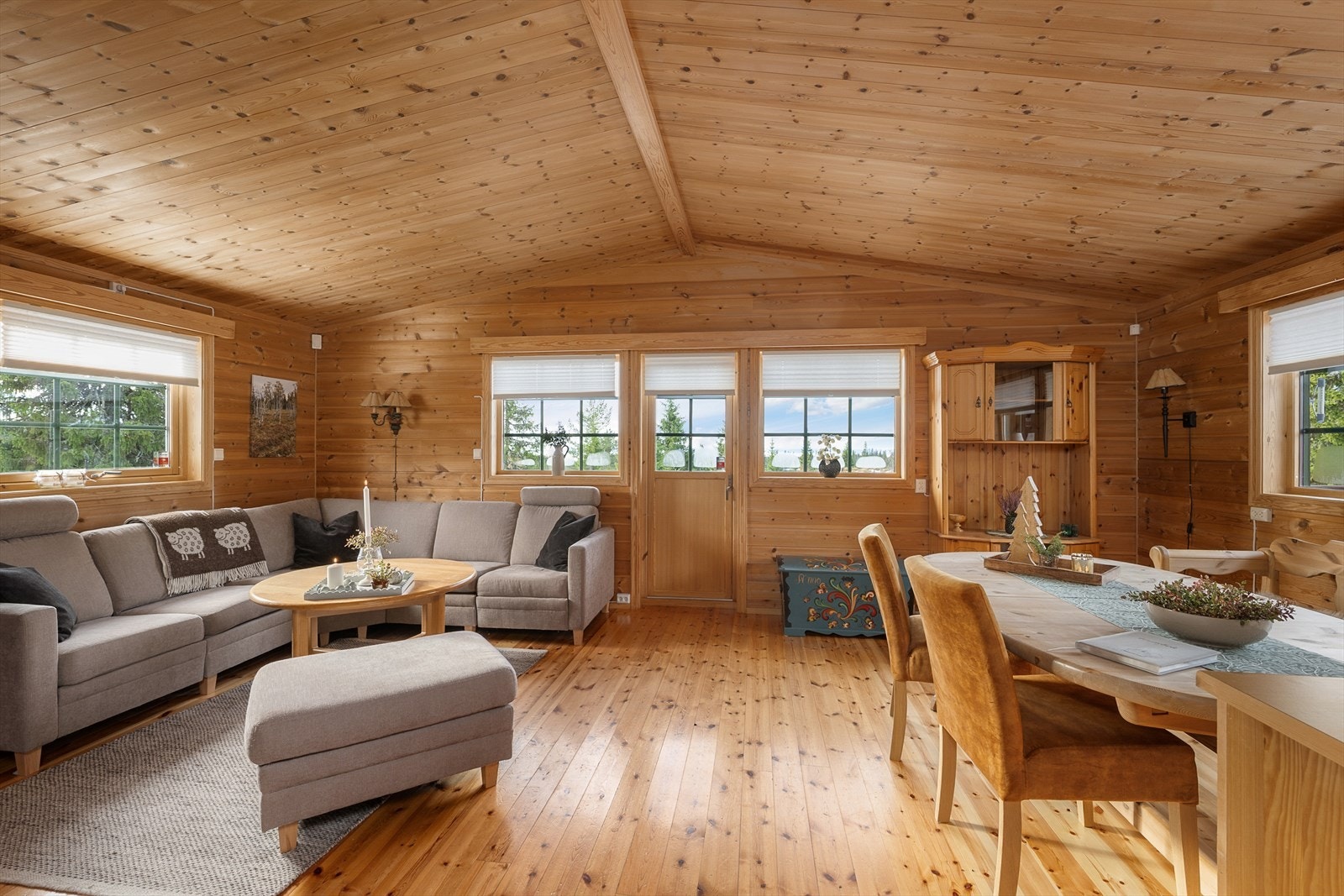 Romslig og innbydende stue med god takhøyde og rikelig med dagslys inn i rommet. Galleribilde