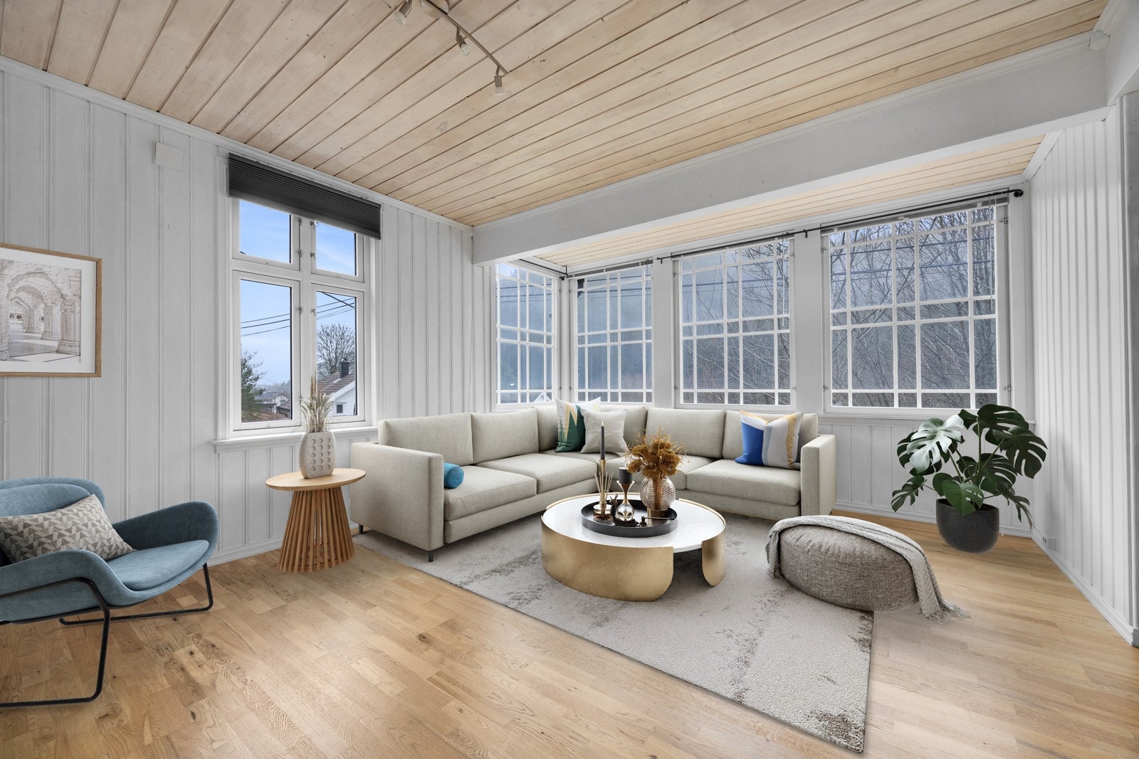 Trivelig stue med gode vindusflater som gir god med lys i rommet. Bildet er digitalstylet. Galleribilde