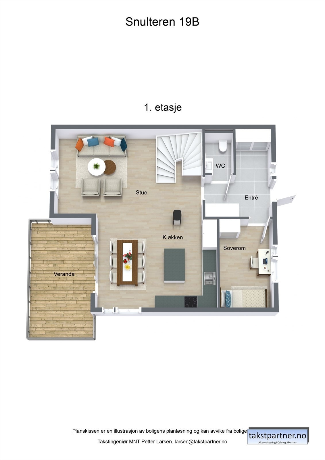 Snulteren 19B har en fleksibel og funksjonell planløsning over to plan med oppholdsrom, soverom og våtrom i begge etasjer. Tomannsboligen er planlagt seksjonert og det forutsettes at søknad om seksjonering blir godkjent og gjennomført innen overtakelse. Galleribilde
