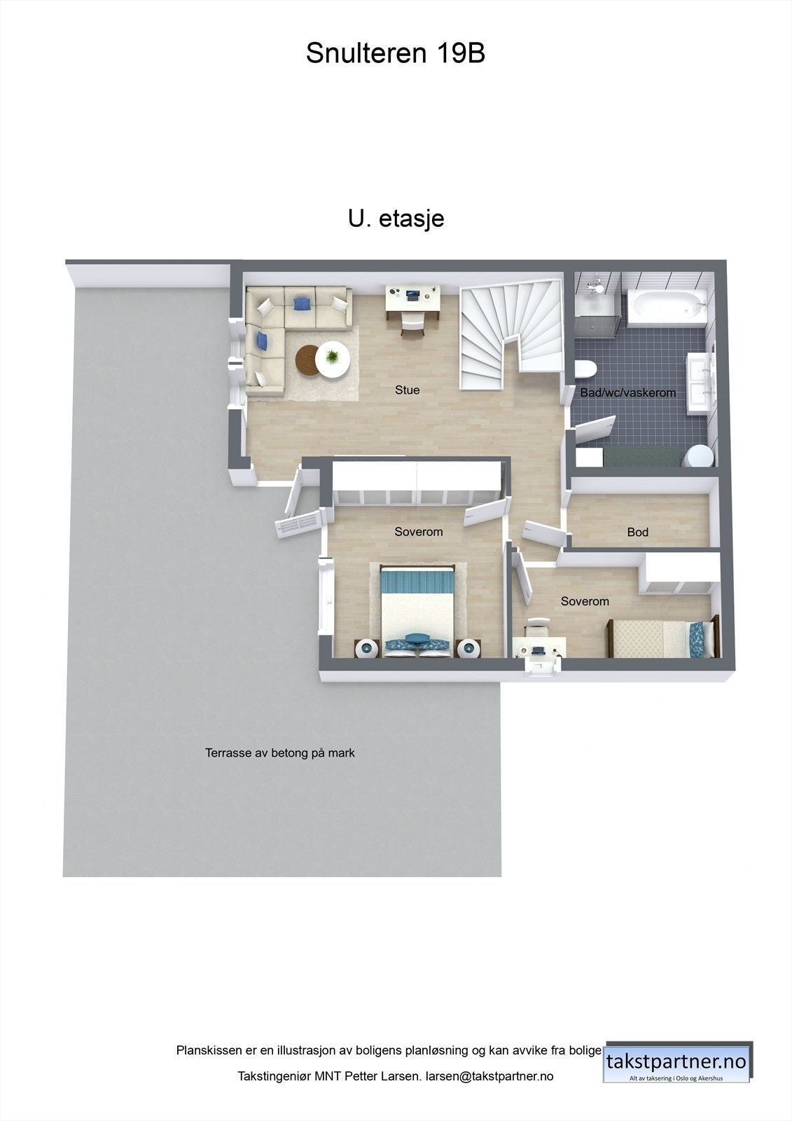 Boligens underetasje har lyse, delikate rom. I tillegg er det utgang til den store markterrassen fra både stue og hovedsoverom. Galleribilde