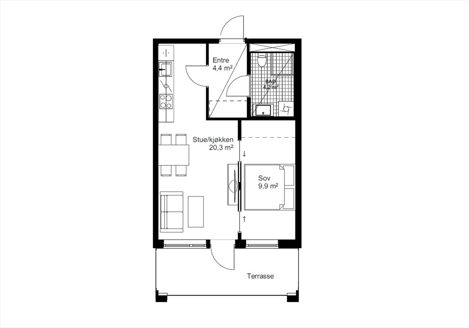 Plantegning fra utbygger. Det medfølger også en kjellerbod. Galleribilde