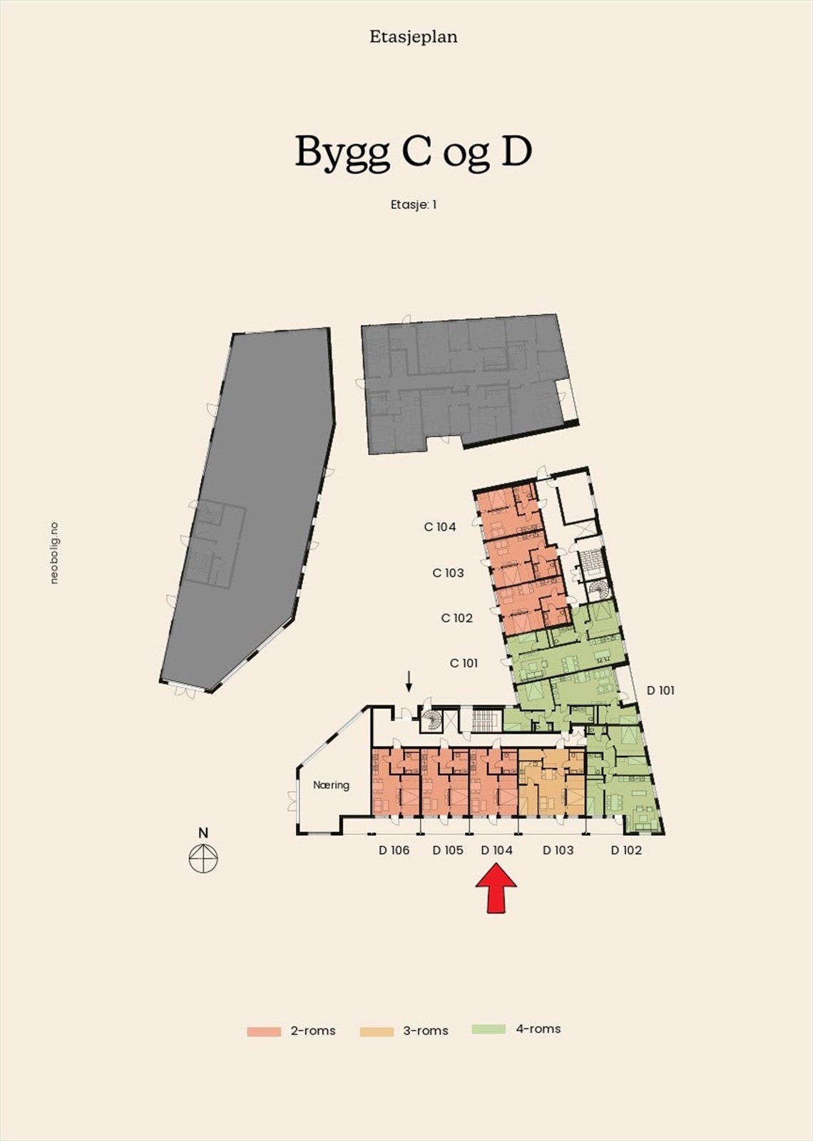 Etasjeplan med markering av leilighetens beliggenhet. Galleribilde