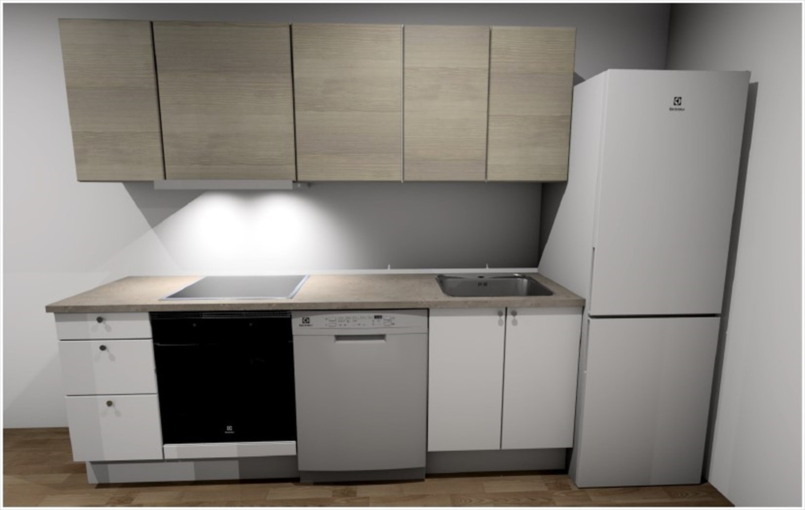 Illustrasjon/tilvalgstegning for leveranse av kjøkken fra HTH. Oppgradert med hvitevarer fra Electrolux. Avvik kan forekomme. Galleribilde