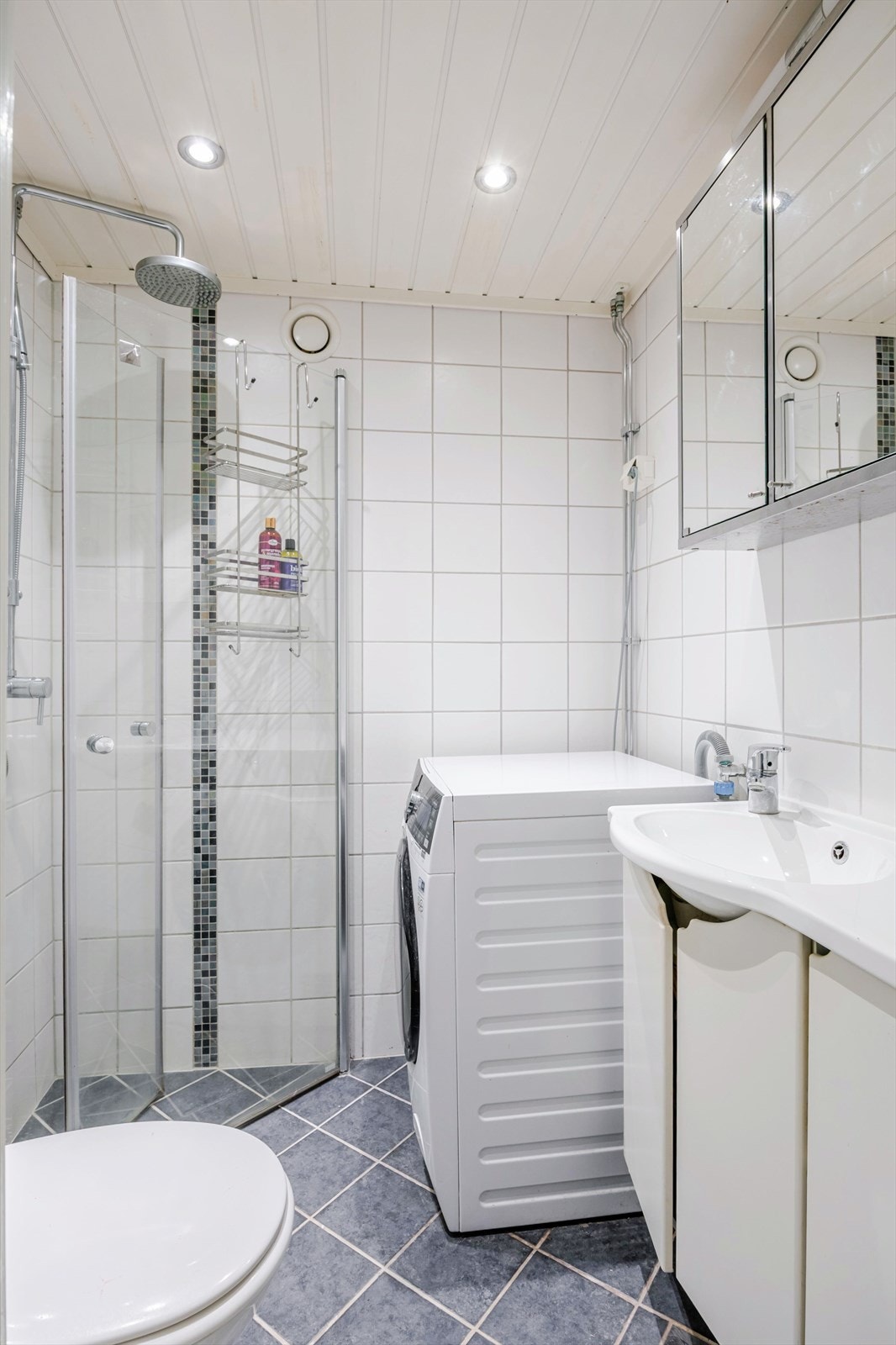 Badet er utstyrt med dusjsone, toalett, servant og servantinnredning, opplegg for vaskemaskin. Galleribilde