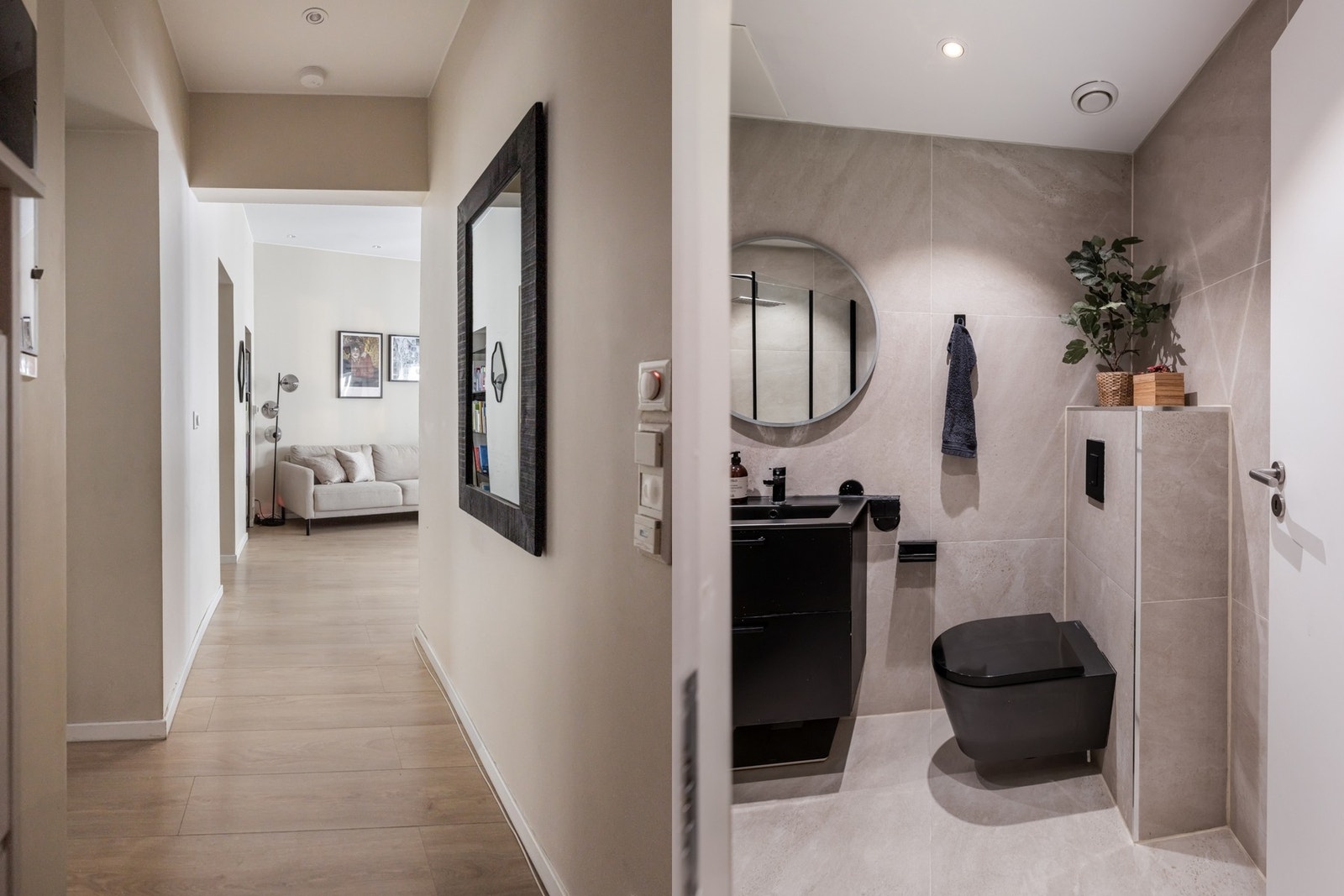 Langs veggen til venstre finner man leilighetens to soverom, og badet inn døren til høyre. Galleribilde