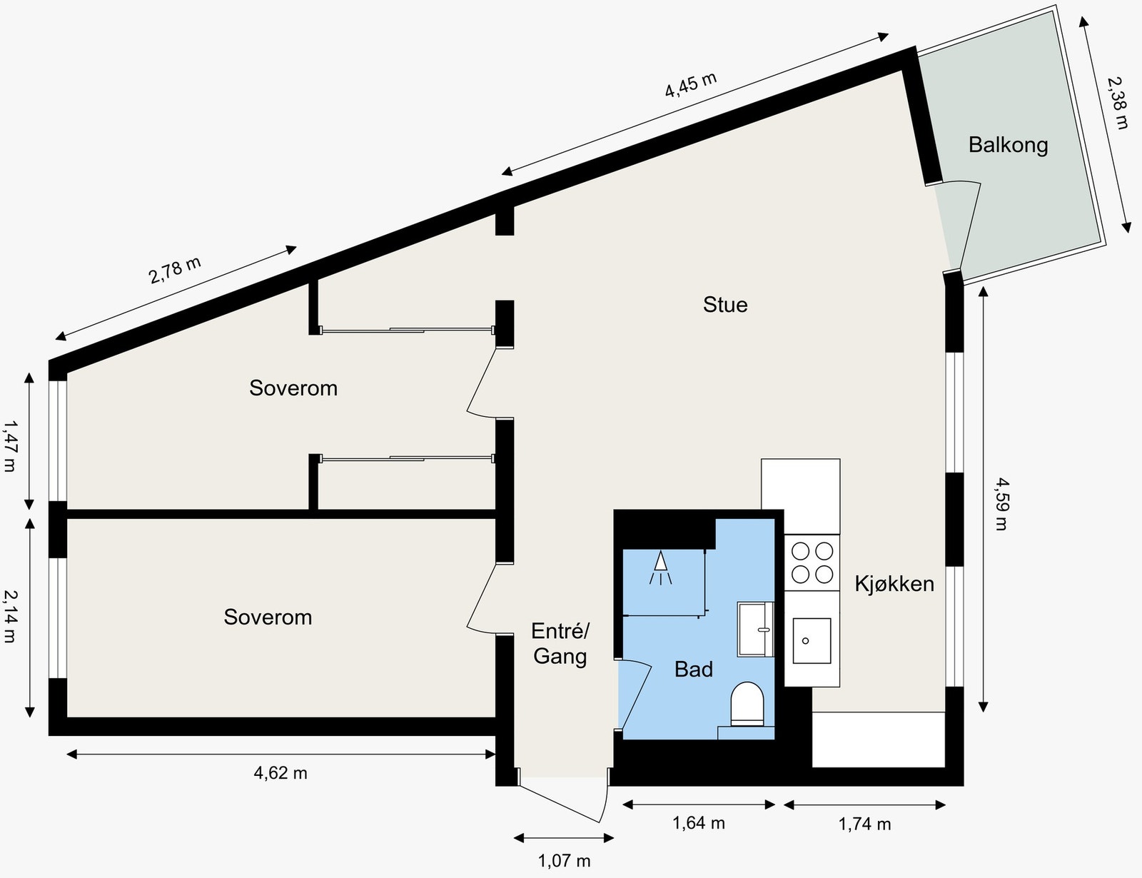 Plantegning. I tillegg disp. leiligheten en stor kjellerbod på ca. 11,4 m2. Galleribilde
