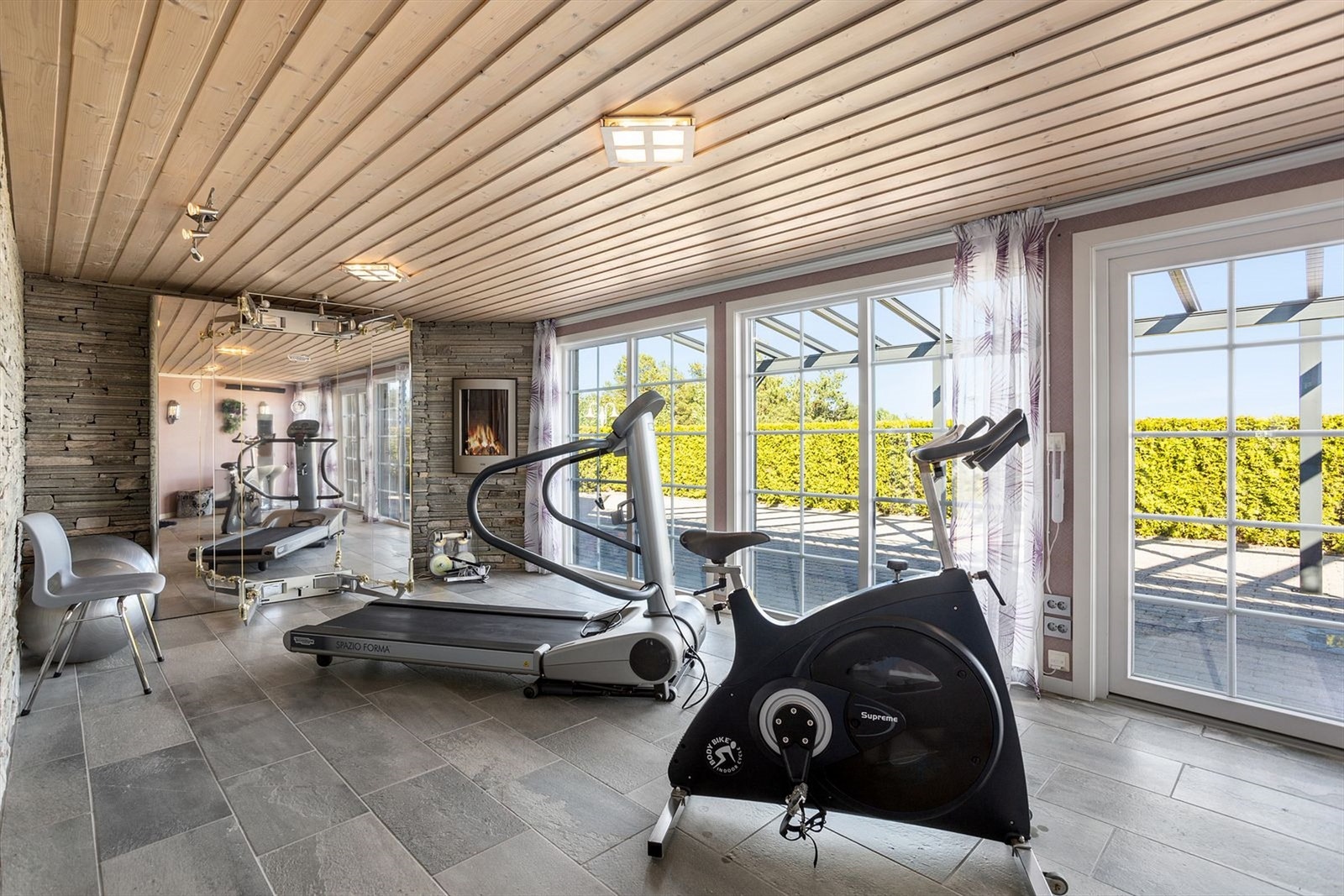 Trimsrom i underetasjen med utgang til hagen og elektrisk gasspeis Galleribilde