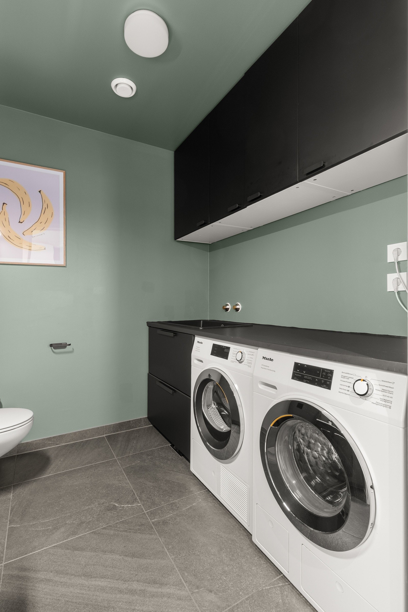 Her finner du opplegg for vaskemaskin, servant i innredning, speilskap og et vegghengt toalett . Galleribilde