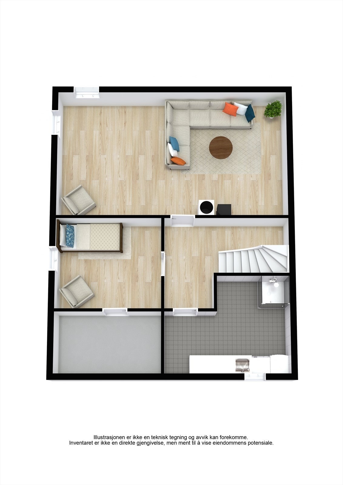 Planskisse kjeller. Her er ikke loftsstuen godkjent oppholdsrom. Galleribilde