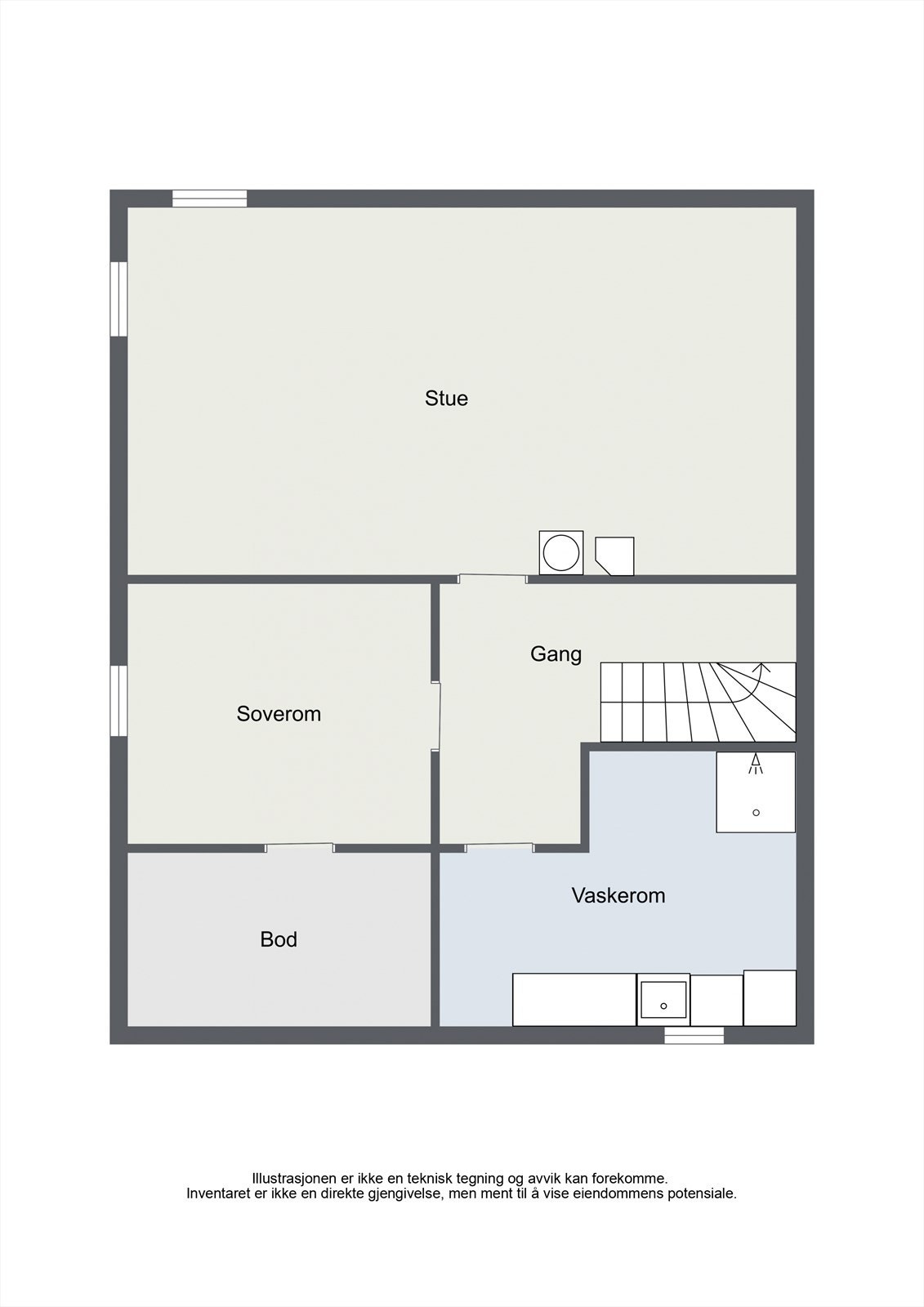 Planskisse kjelleretasje, hvor stuedelen ikke er et godkjent oppholdsrom. Galleribilde