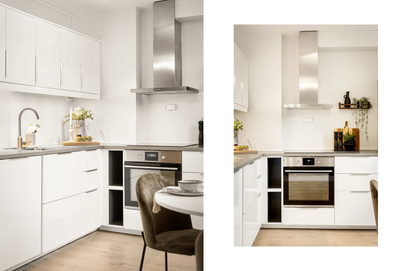 Kjøkkenet er utstyrt med integrerte hvitevarer herunder induksjon platetopp (fra 2024), stekeovn og oppvaskmaskin. Frittstående kjøleskap med kjøl og frys medfølger også. Galleribilde