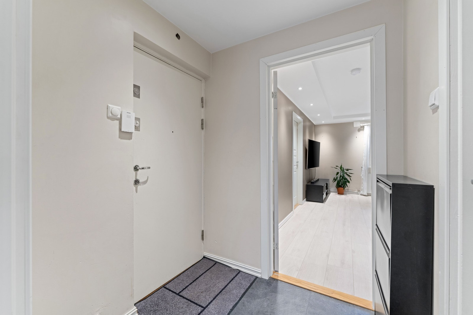 Entreen er lys med malte flater på vegger, og det er adkomst til stue, kjøkken og bad fra entré. Galleribilde