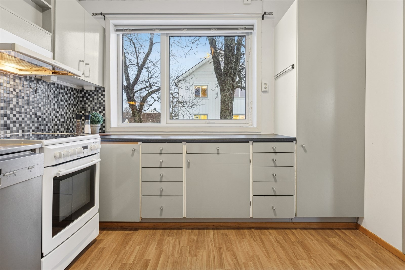 Kjøkkenet har en romslig løsning med eldre, malt modulinnredning. Benkeplatene er i laminat, og det er montert benkebeslag i stål for god slitestyrke. Galleribilde