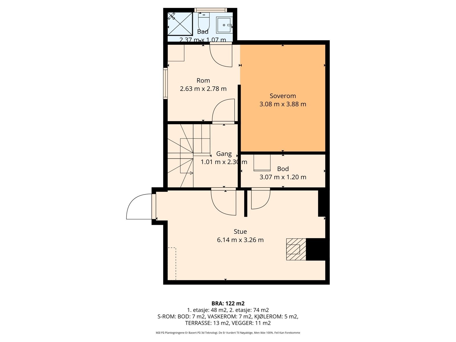 Plantegning underetasje Rollagvegen 236 - soverom og kjellerstue er ikke godkjent for varig opphold Galleribilde