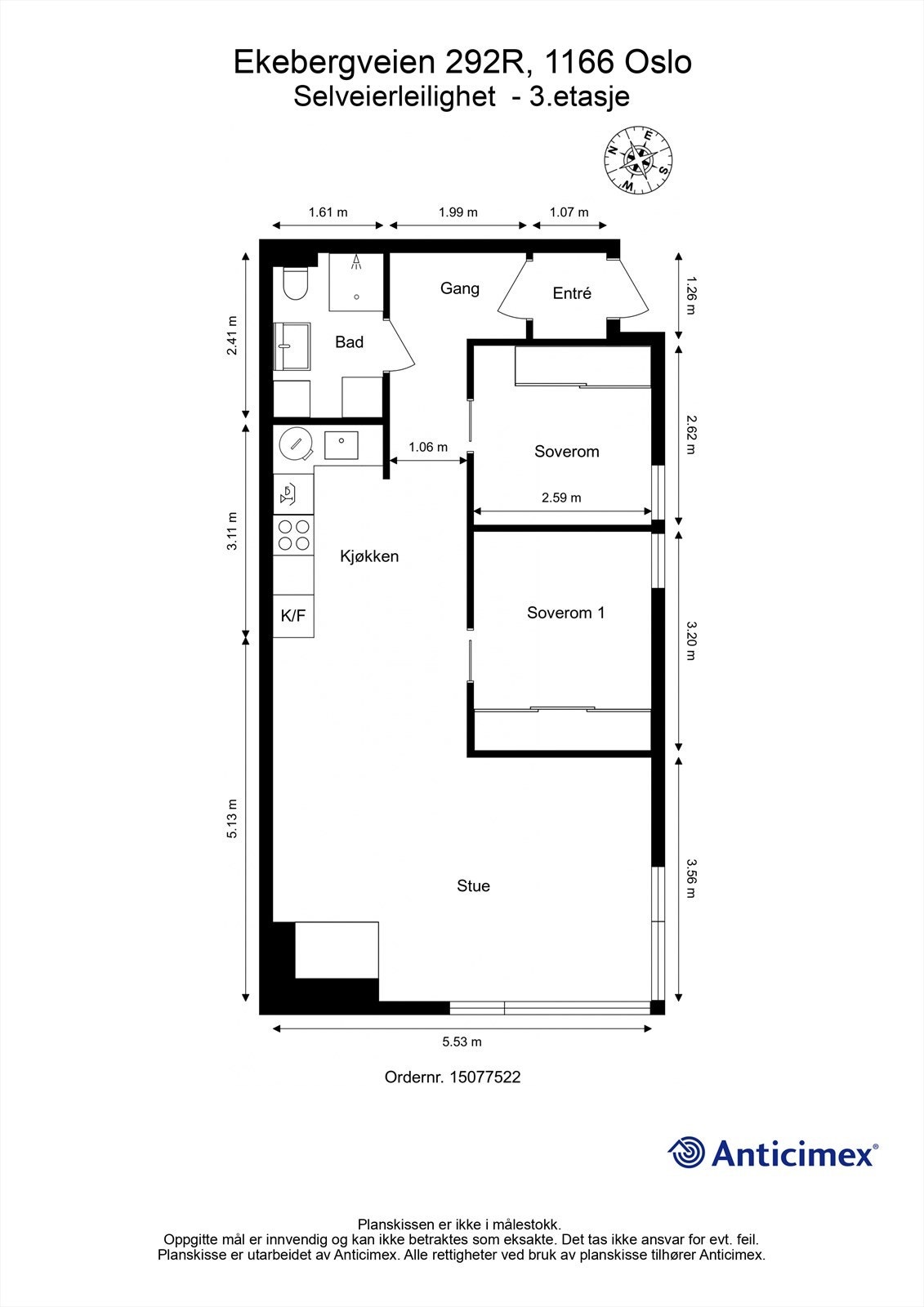 Planløsningen på 59 m² er arealeffektiv og omfatter entré, bad, to soverom og stue med åpen kjøkkenløsning. Galleribilde