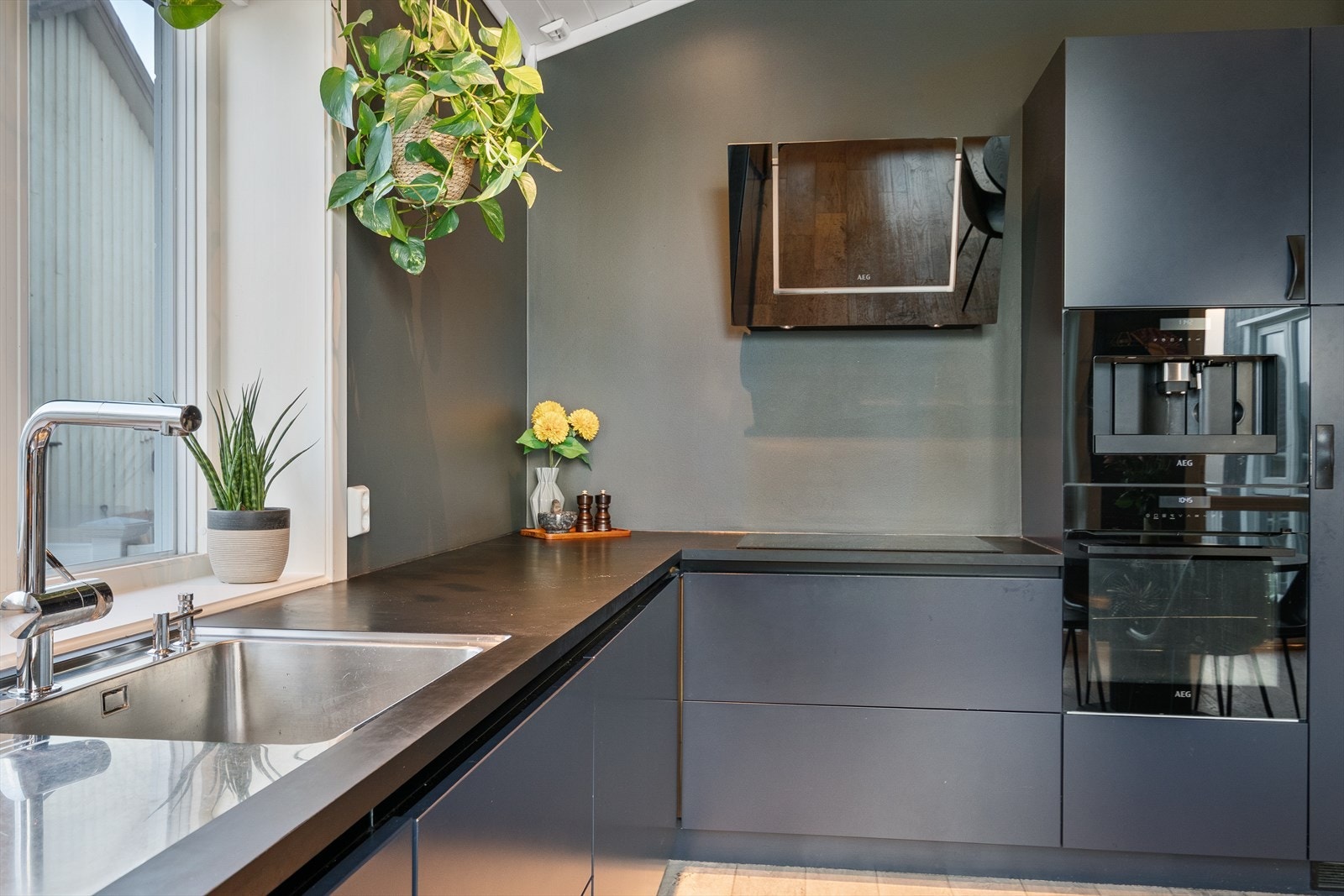 Det er innebygde hvitevarer og kaffemaskin fra AEG. Galleribilde