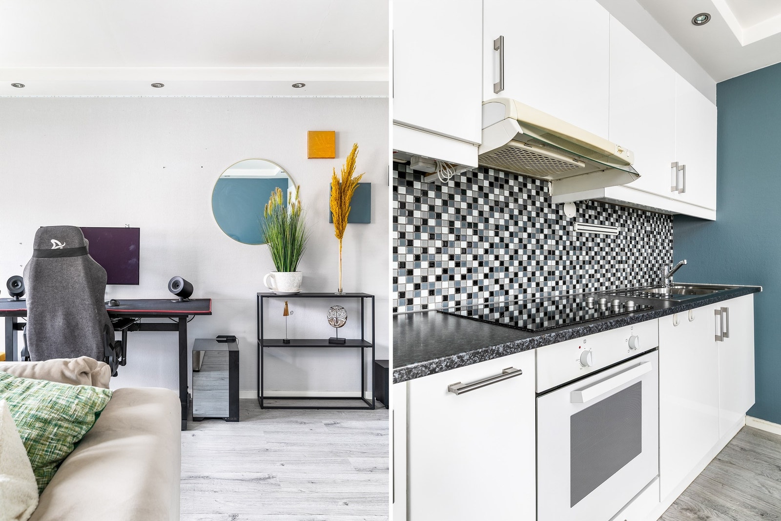 I kjøkkenets skuffer og skap er det oppbevaringsmuligheter for det grunnleggende til daglig bruk. Platetopp og stekeovn er integrert. Galleribilde