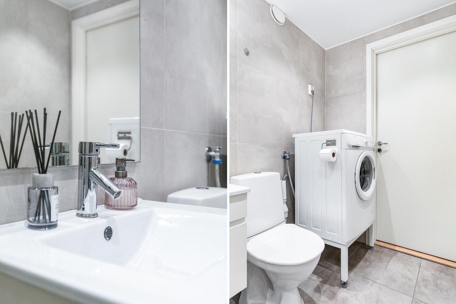 I hjørnet rett innenfor baderomsdøren kan vaskemaskin og tørketrommel plasseres lett tilgjengelig i søyle. Galleribilde