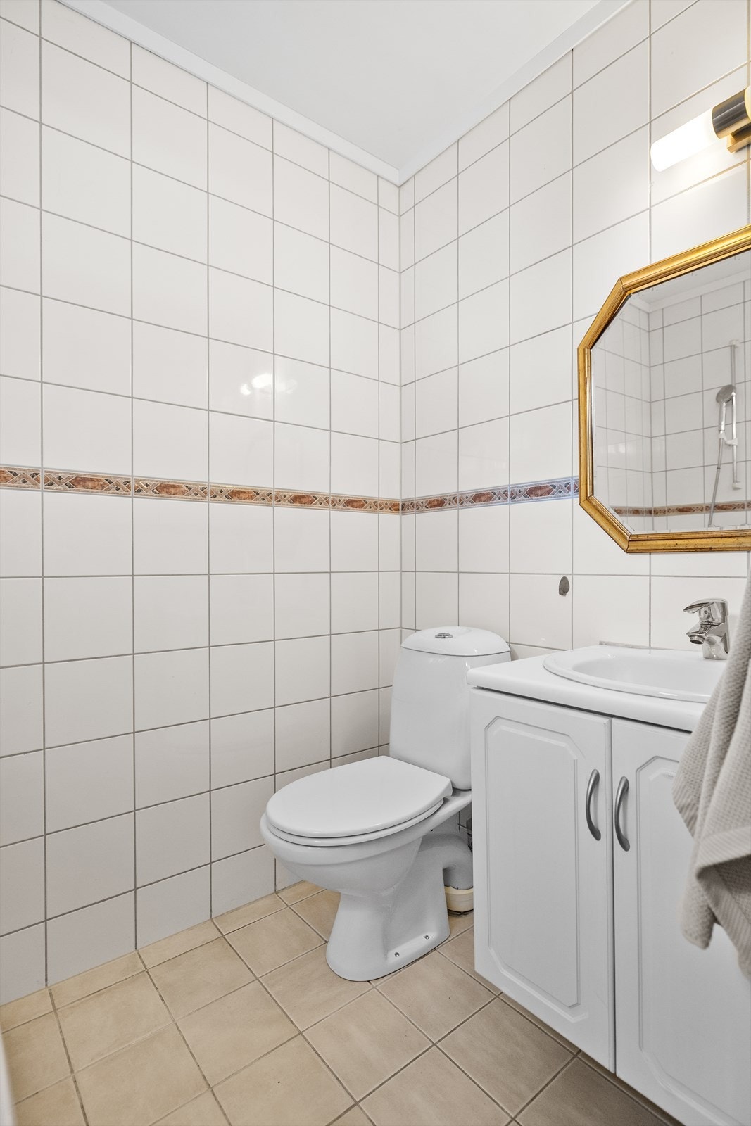 I taket er det malte plater som sørger for et lyst og trivelig inntrykk. Rommet er innredet med servantskap, klosett, dusjstang, samt opplegg for vaskemaskin - en kombinasjon som gjør rommet både funksjonelt og fleksibelt i bruk. Galleribilde