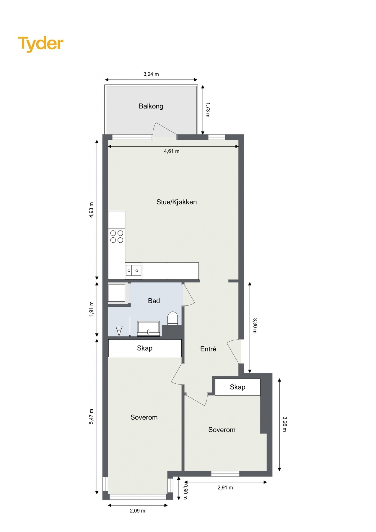 Plantegning. I tillegg disp. leiligheten en loftsbod på ca. 3 m2. Galleribilde