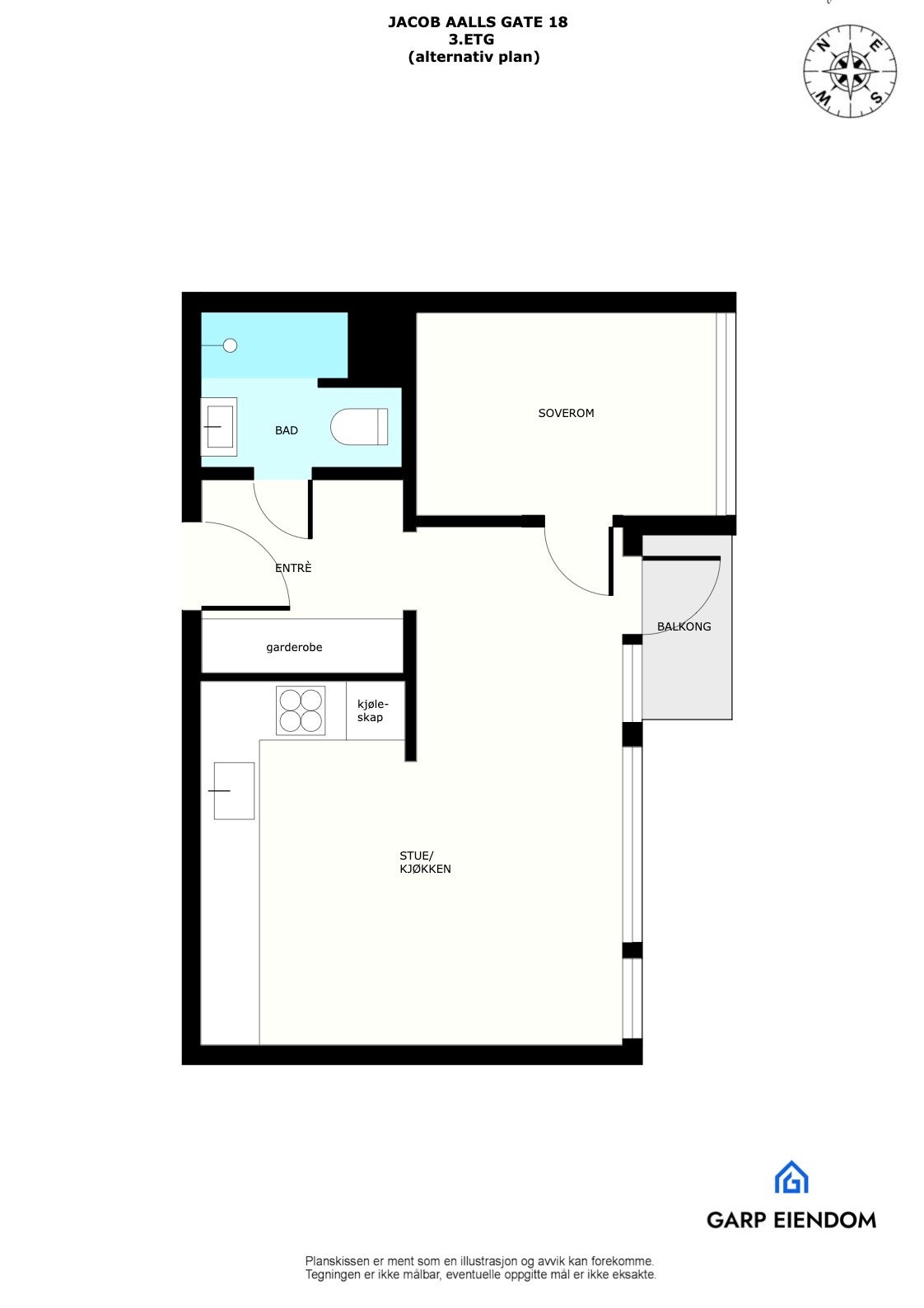 Alternativ plantegning. Megler eller selger ha ikke undersøkt muligheten for å omgjøre boligen, men er kjent med at det finnes andre leiligheter i bygget som har gjort dette. Galleribilde