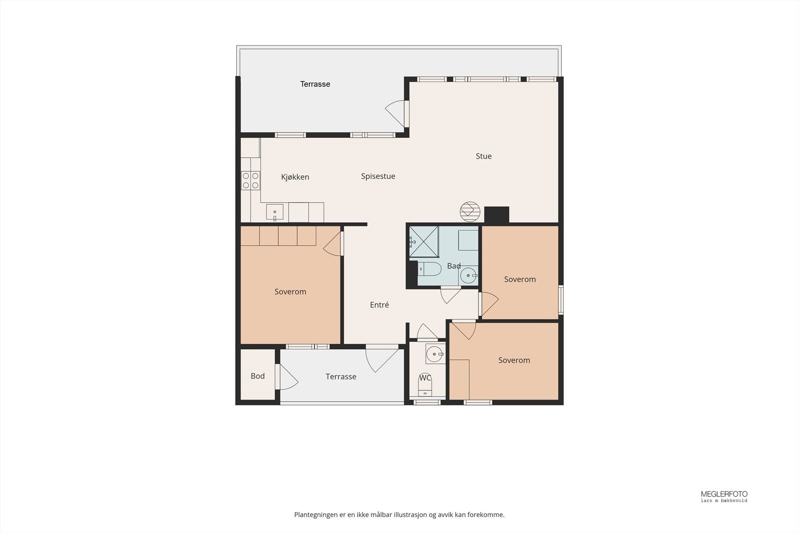 Plantegningen viser en arealeffektiv leilighet med tre soverom, stue, kjøkken og bad. Galleribilde