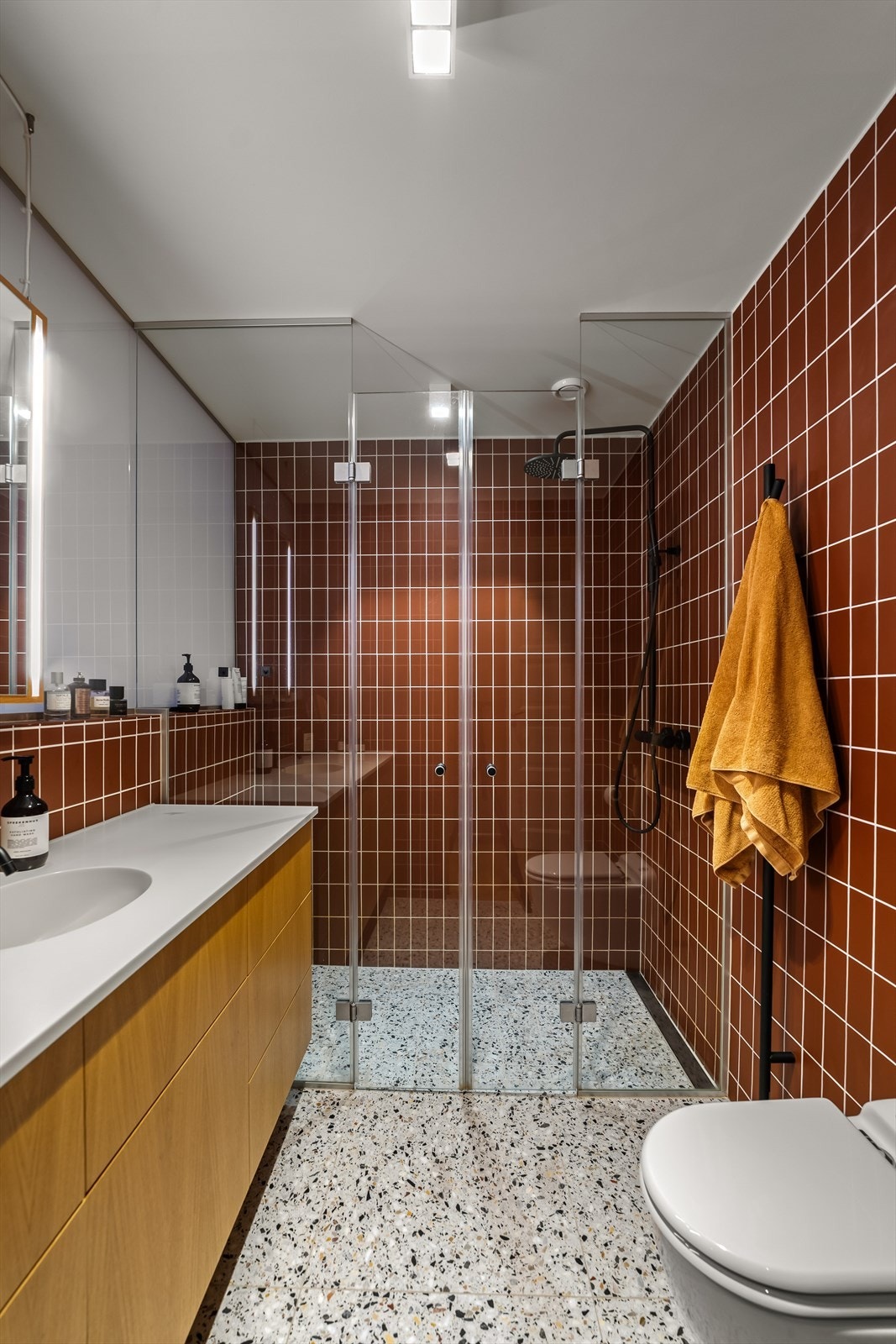 Romslig dusjnisje av dusjvegger og doble dører av herdet glass. Galleribilde