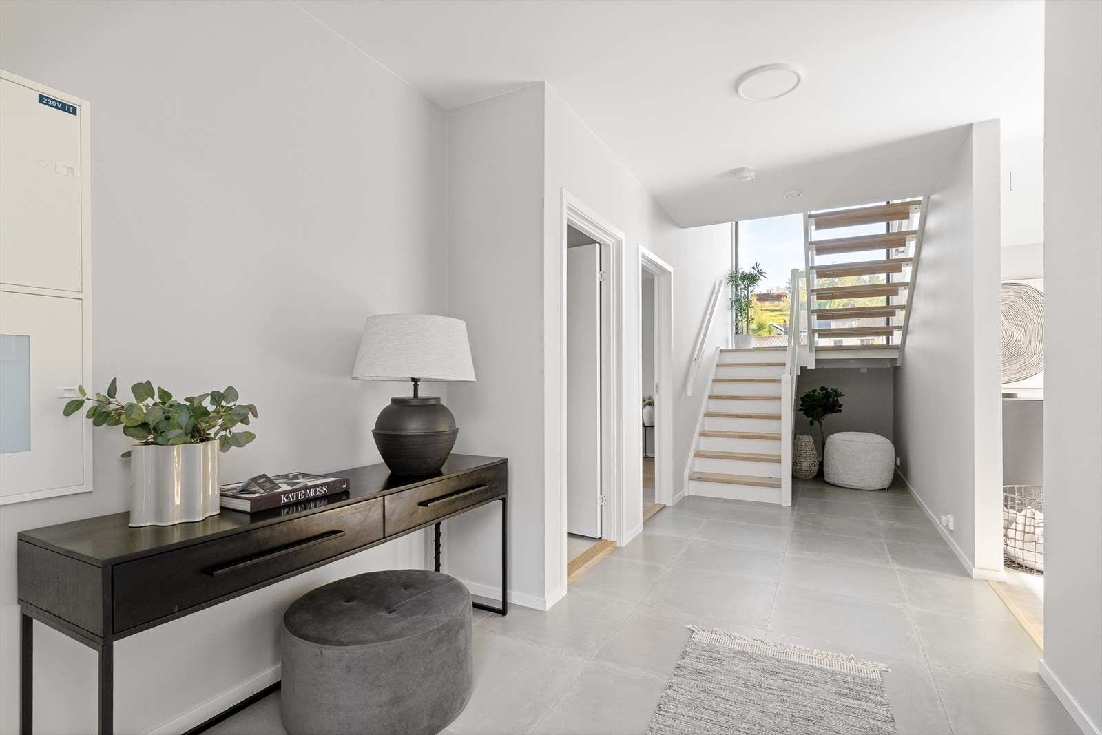 Velkommen inn! Lekker entrè med flislagt gulv med gulvvarme. Veggplassen åpner for å kunne ha garderobeløsning etter eget ønske. Galleribilde