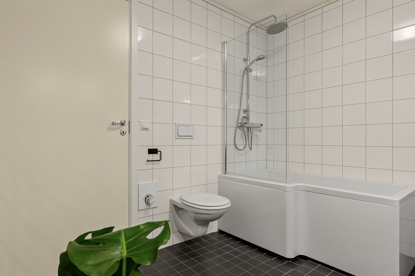 Dusjvegger av glass og badekar gir fleksible bademuligheter. Galleribilde